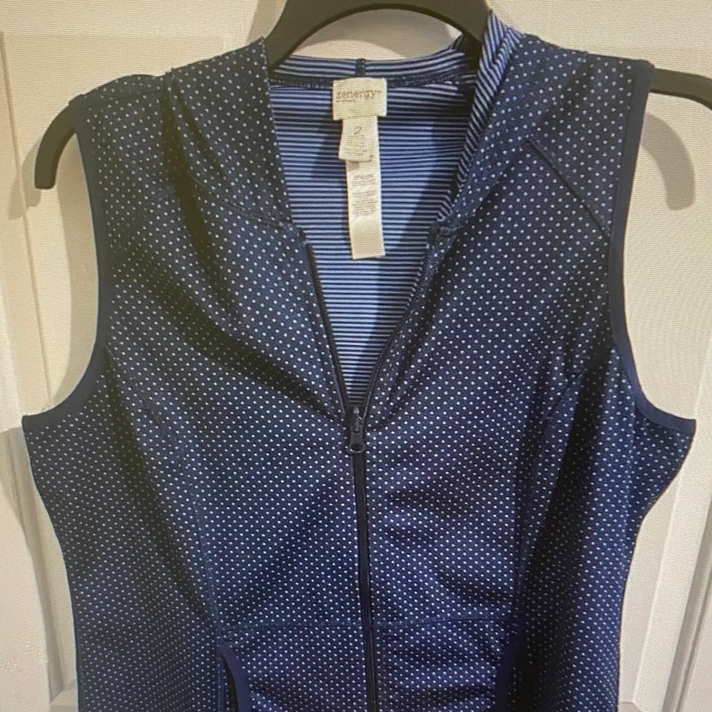 Chico's Navy Blue Polka Dot Sleeveless Zip Front Vest